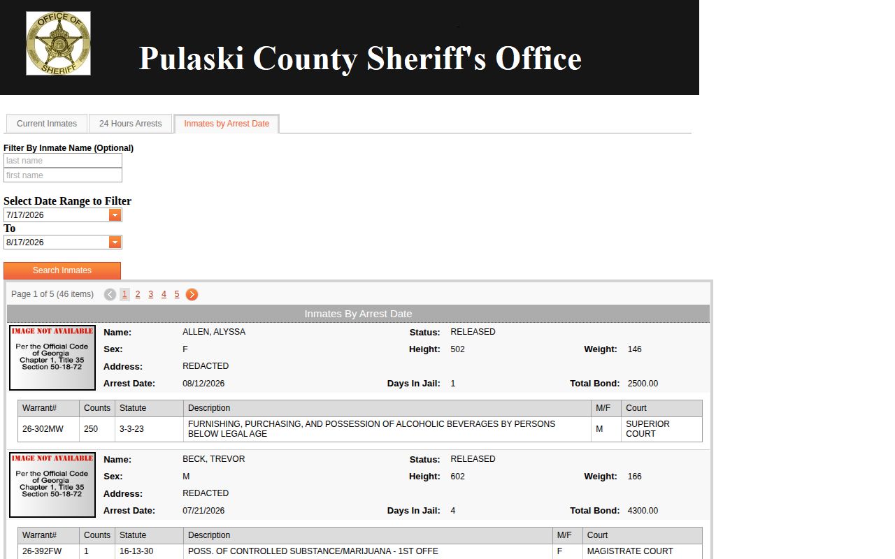 Hawkinsville Pulaski County arrest-date search with released and current records