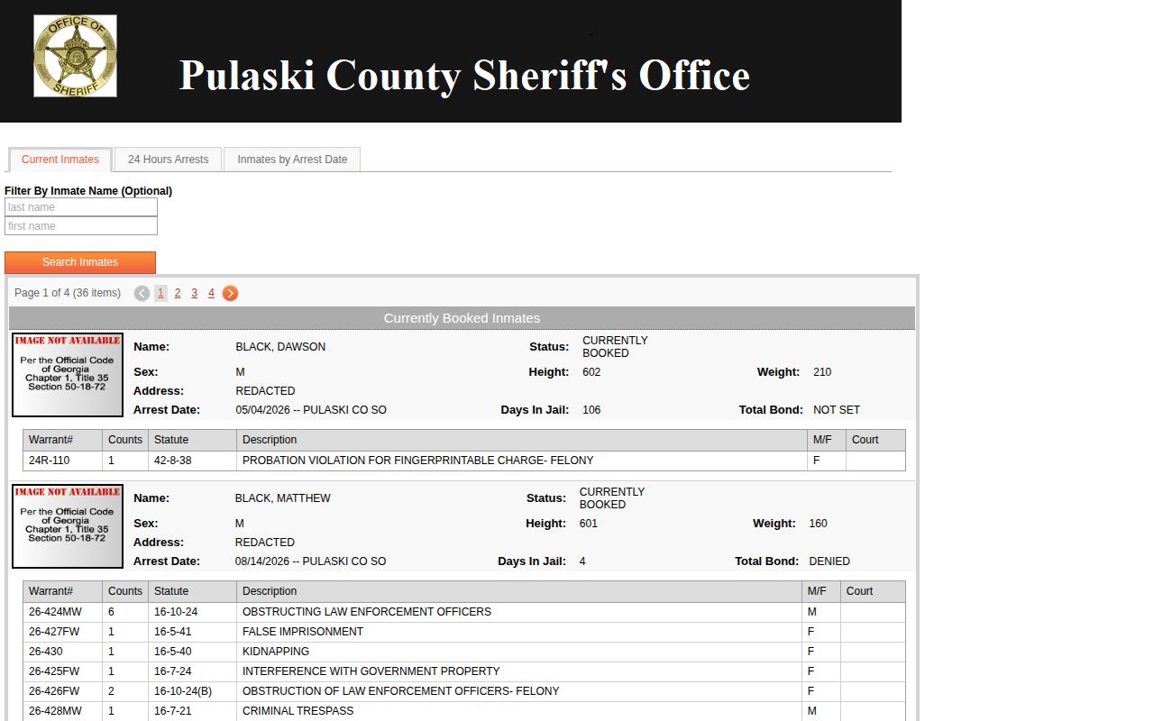Pulaski County current custody roster with booking record fields