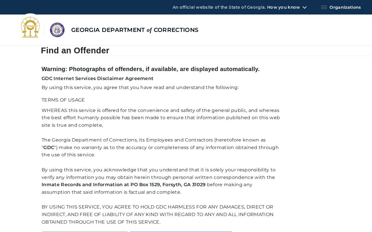 Georgia Department of Corrections offender search form for Pulaski County research