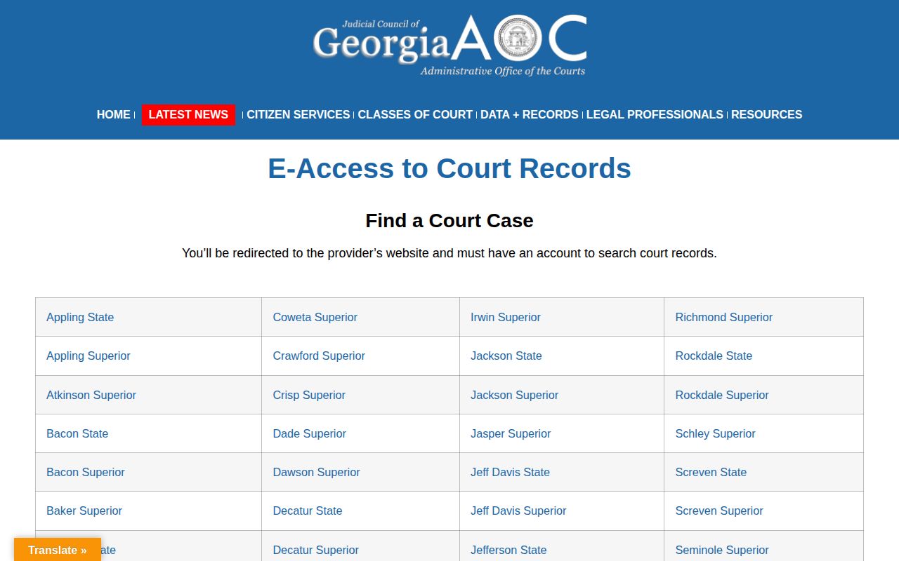 Georgia official court access gateway for Pulaski County case records