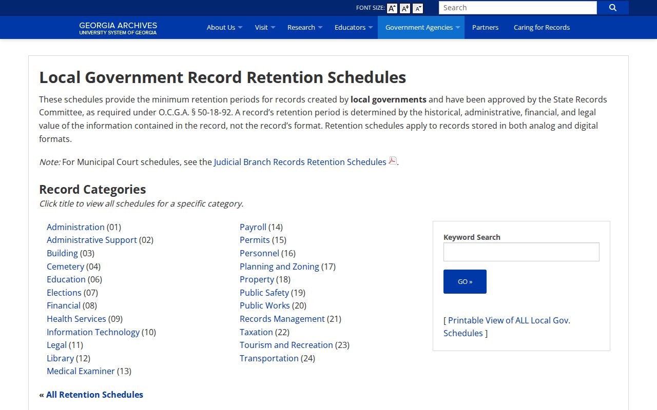 Georgia Archives local government retention schedule for Pulaski County records